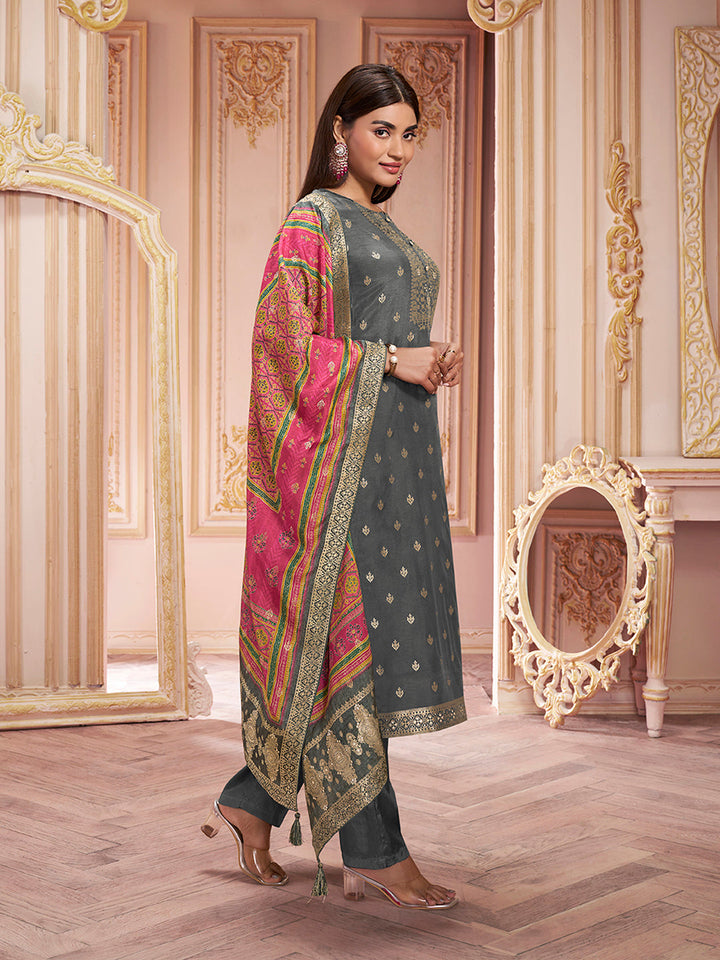 Steel Grey Dola Silk Jacquard Kurta with Santoon Trouser and Dola Jacquard Printed Dupatta