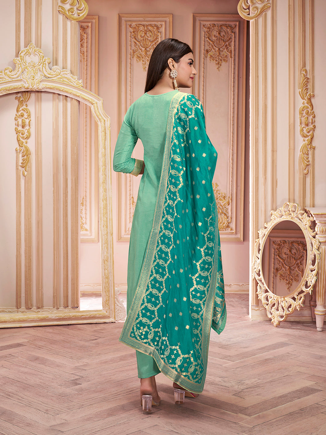 Sea Green Meena Keri Design Jacquard Kurta Suit Set