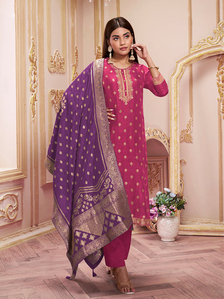 Ruby Pink Dola Silk Jacquard Kurta with Santoon Trouser & Dola Jacquard Dupatta