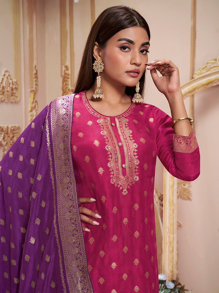 Ruby Pink Dola Silk Jacquard Kurta with Santoon Trouser & Dola Jacquard Dupatta