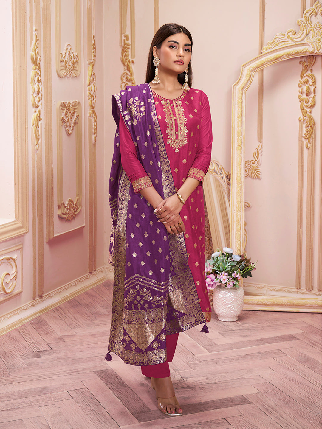 Vivid Burgundy Jacquard Kurta Suit Set by Qivii