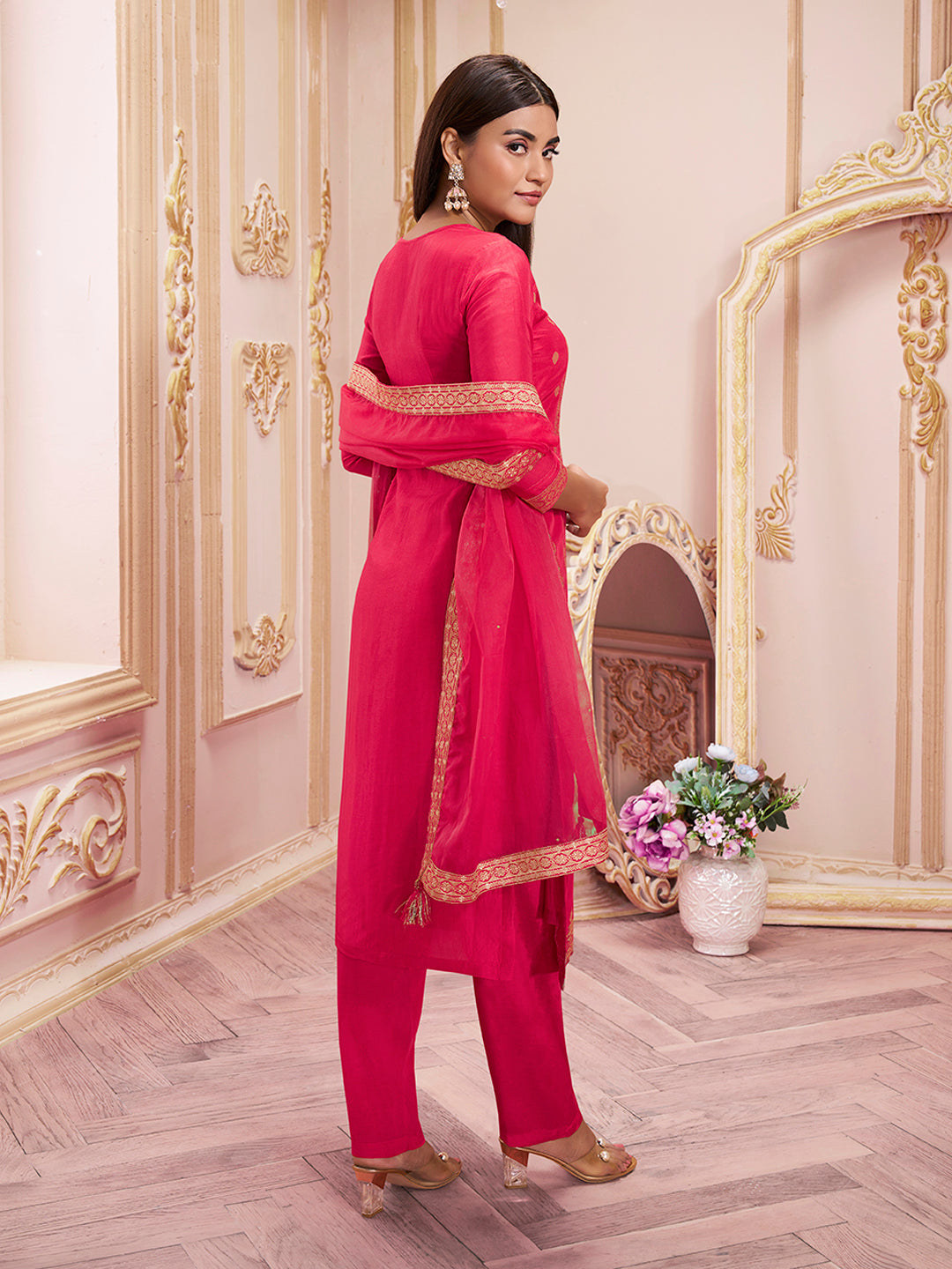 Red Panel Jacquard Kurta Suit Set by Qivii