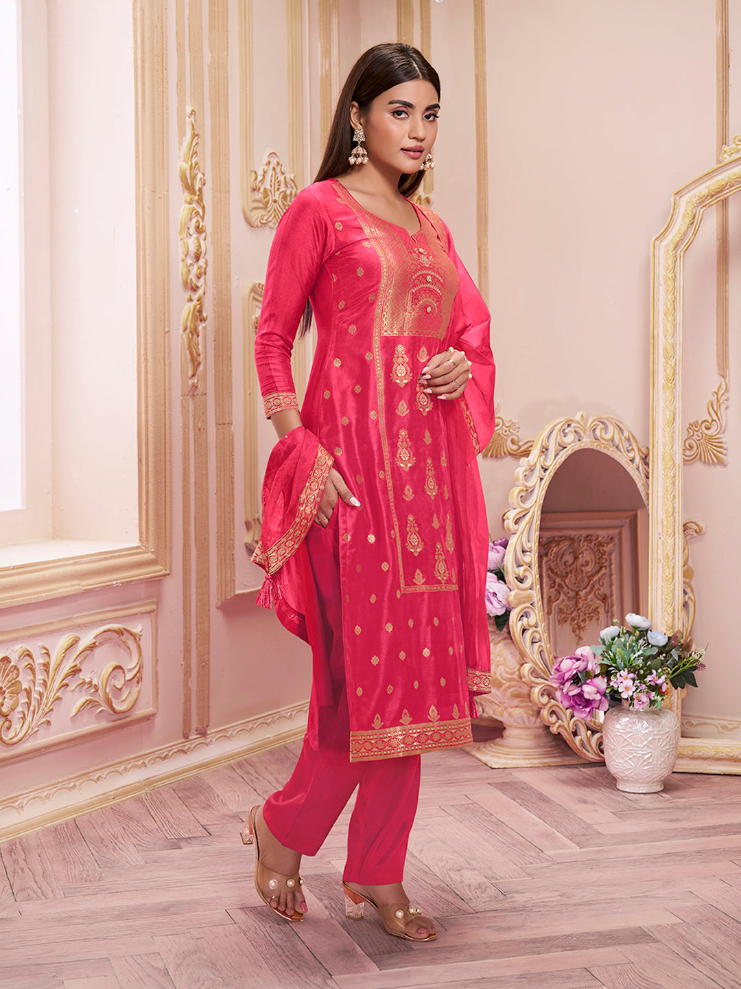 Red Panel Jacquard Kurta Suit Set by Qivii