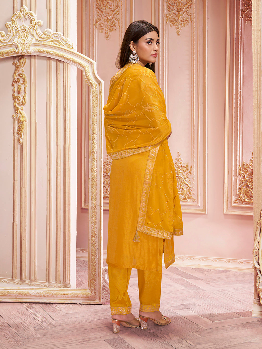 Mustard Jacquard Kurta Suit Set by Qivii