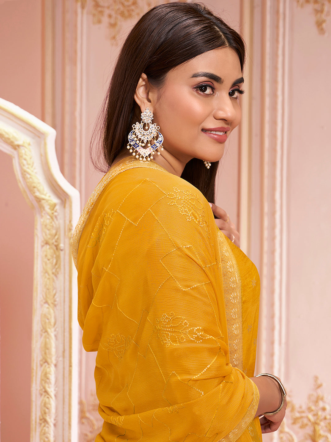 Mustard Jacquard Kurta Suit Set by Qivii