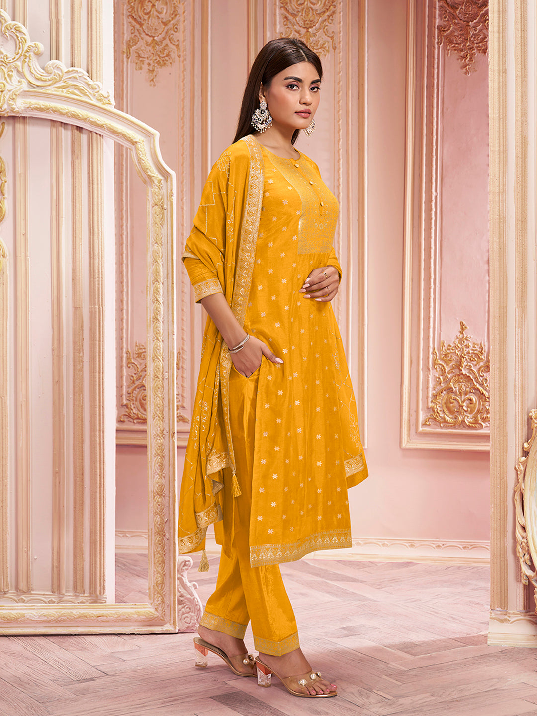 Mustard Jacquard Kurta Suit Set by Qivii