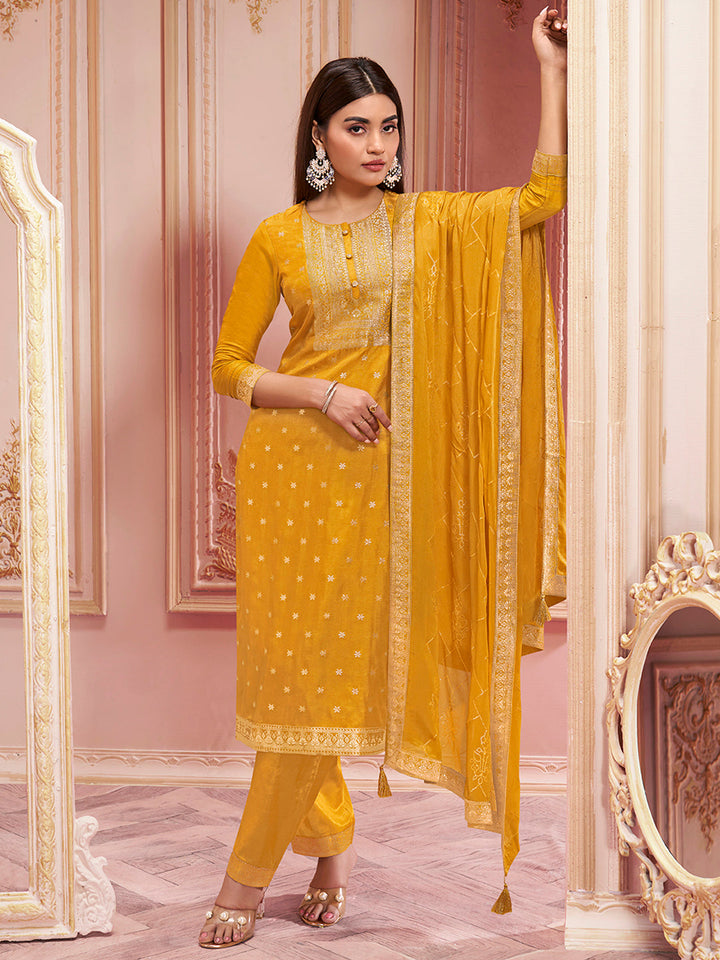 Mustard Jacquard Kurta Suit Set by Qivii