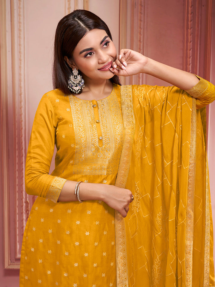 Honey Yellow Dola Silk Jacquard Kurta with Santoon Trouser Bottom and Chinon Dupatta