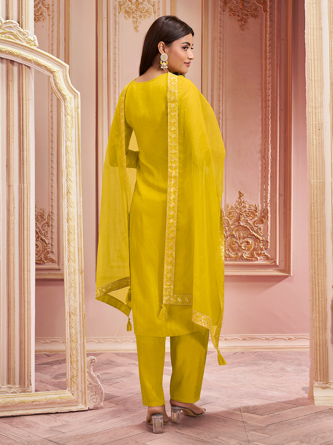 Yellow Panel Jacquard Kurta Suit Set
