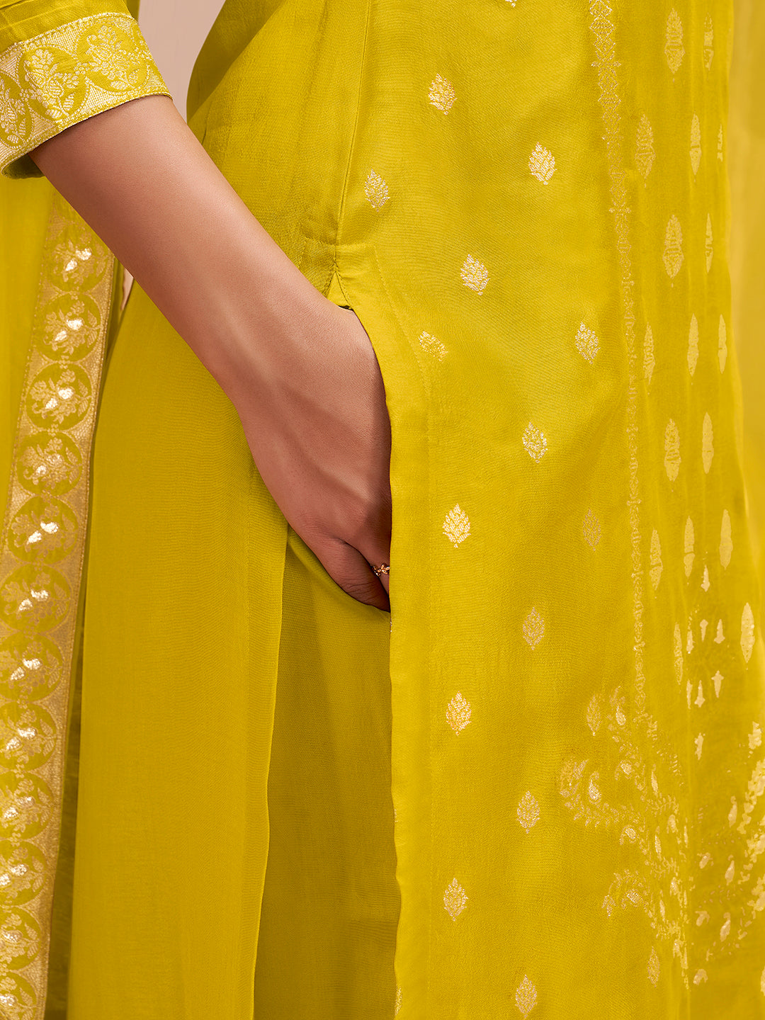 Titanium Yellow Dola Silk Jacquard Kurta with Santoon Trouser and Organza Dupatta