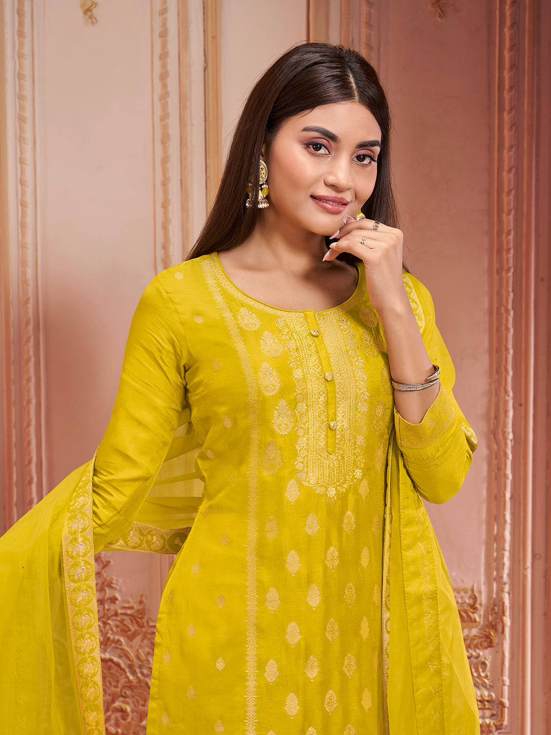 Yellow Panel Jacquard Kurta Suit Set