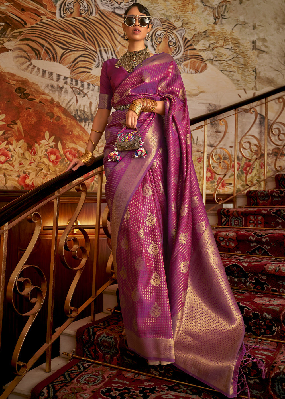 Dark Orchid Purple Woven Banarasi Silk Saree - qivii