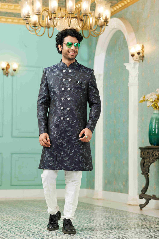 Men's Navy Blue Jacquard Silk Embroidery Sherwani Set