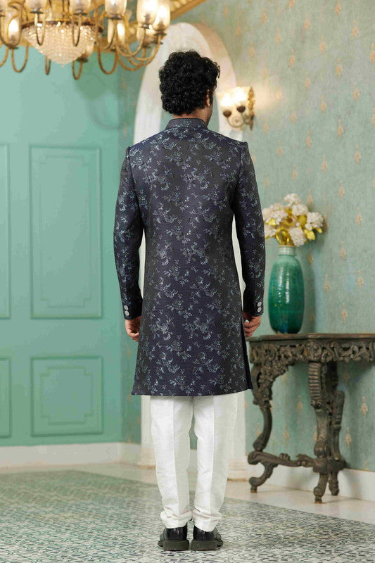 Men's Navy Blue Jacquard Silk Embroidery Sherwani Set