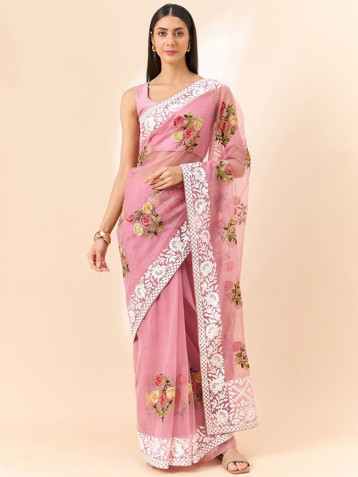 Light Pink Saree Glass Tissue Organza Fabric With Beautifull Thread Work