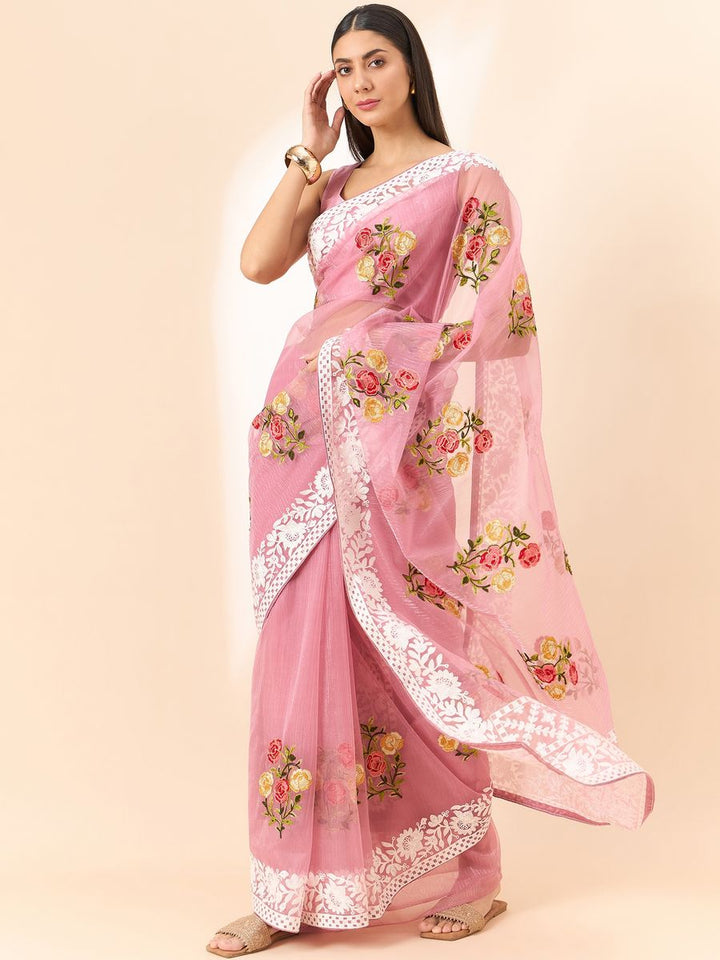 Light Pink Saree Glass Tissue Organza Fabric With Beautifull Thread Work