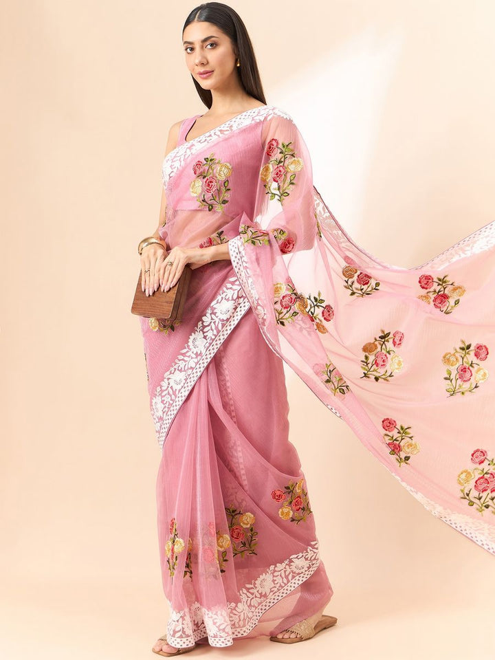 Light Pink Saree Glass Tissue Organza Fabric With Beautifull Thread Work