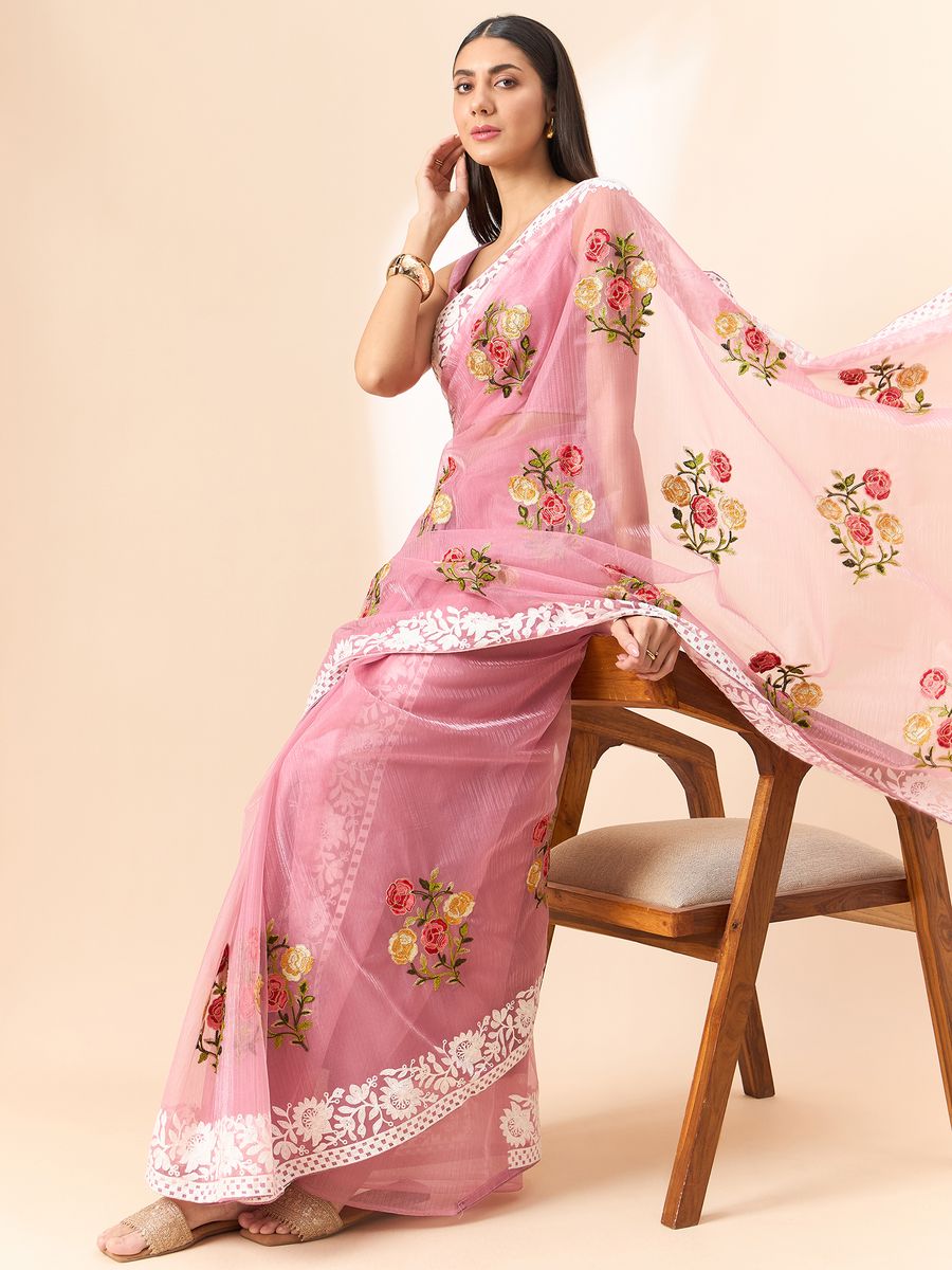 Light Pink Saree Glass Tissue Organza Fabric With Beautifull Thread Work