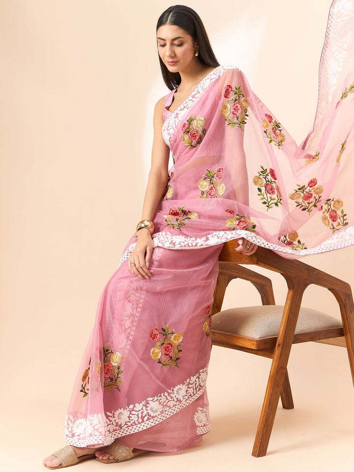 Light Pink Saree Glass Tissue Organza Fabric With Beautifull Thread Work