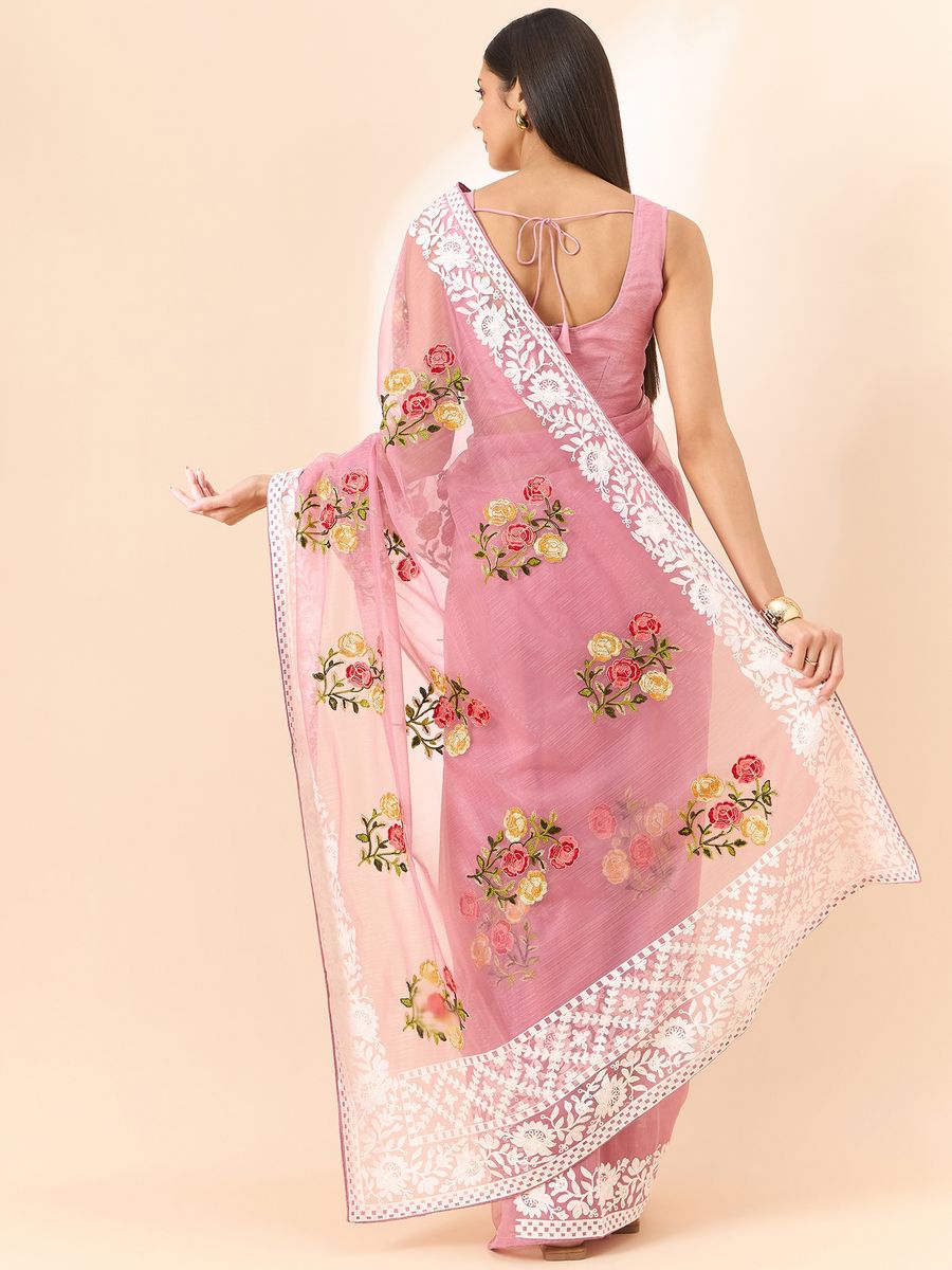 Light Pink Saree Glass Tissue Organza Fabric With Beautifull Thread Work