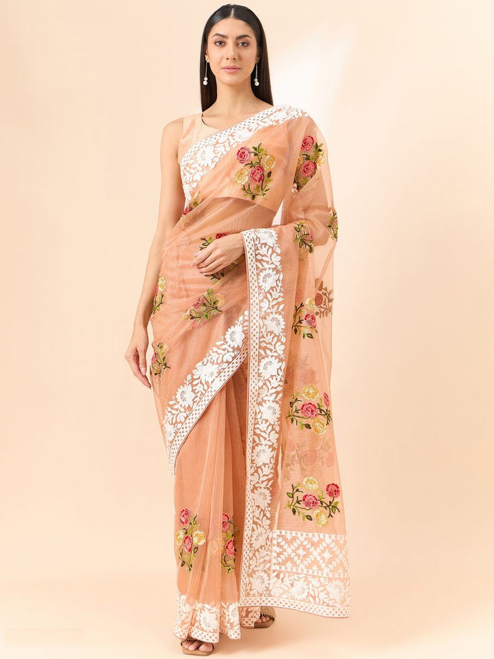 Light Peach Saree Glass Tissue Organza Fabric With Beautifull Thread Work