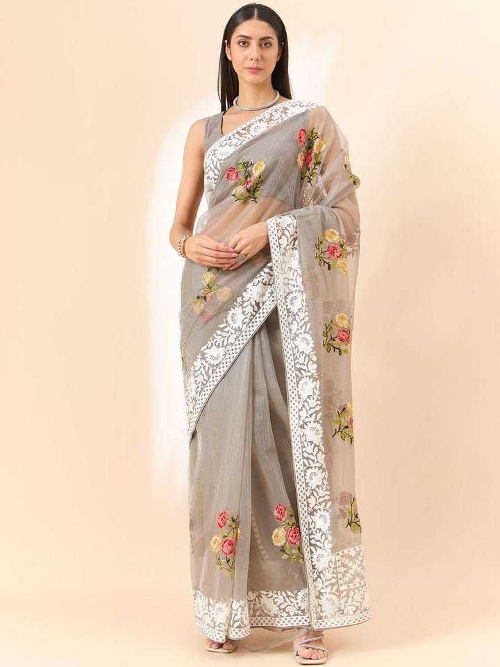 Grey Saree Glass Tissue Organza Fabric With Beautifull Thread Work