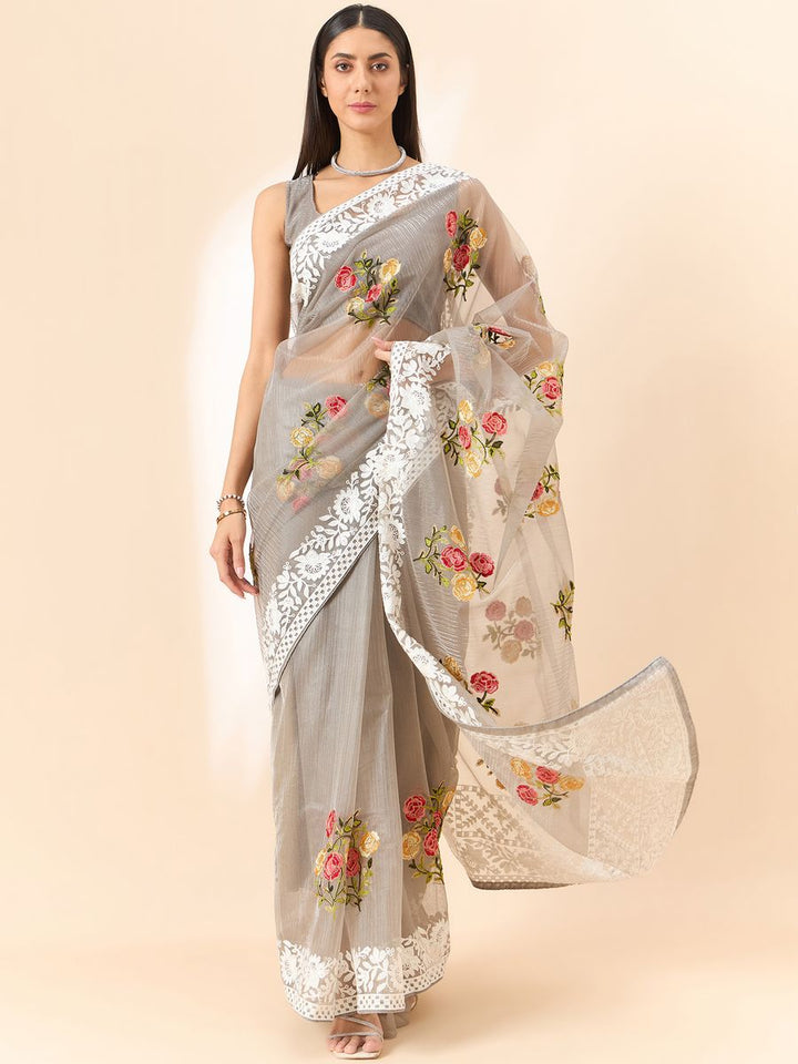 Grey Saree Glass Tissue Organza Fabric With Beautifull Thread Work