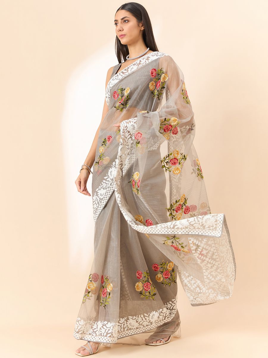 Grey Saree Glass Tissue Organza Fabric With Beautifull Thread Work