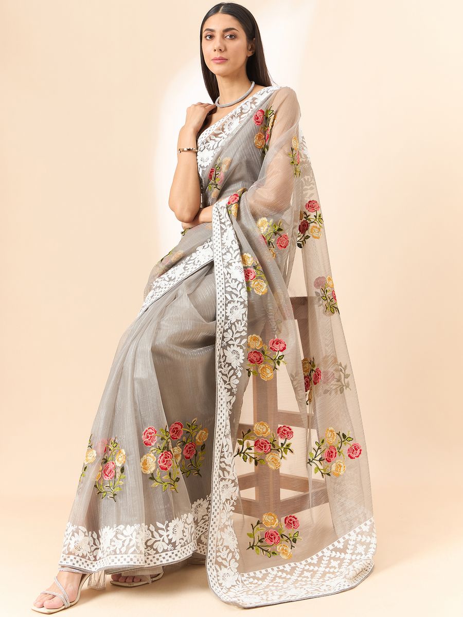 Grey Saree Glass Tissue Organza Fabric With Beautifull Thread Work