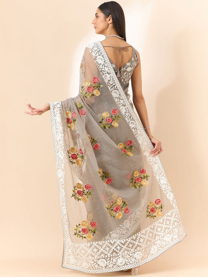 Grey Saree Glass Tissue Organza Fabric With Beautifull Thread Work