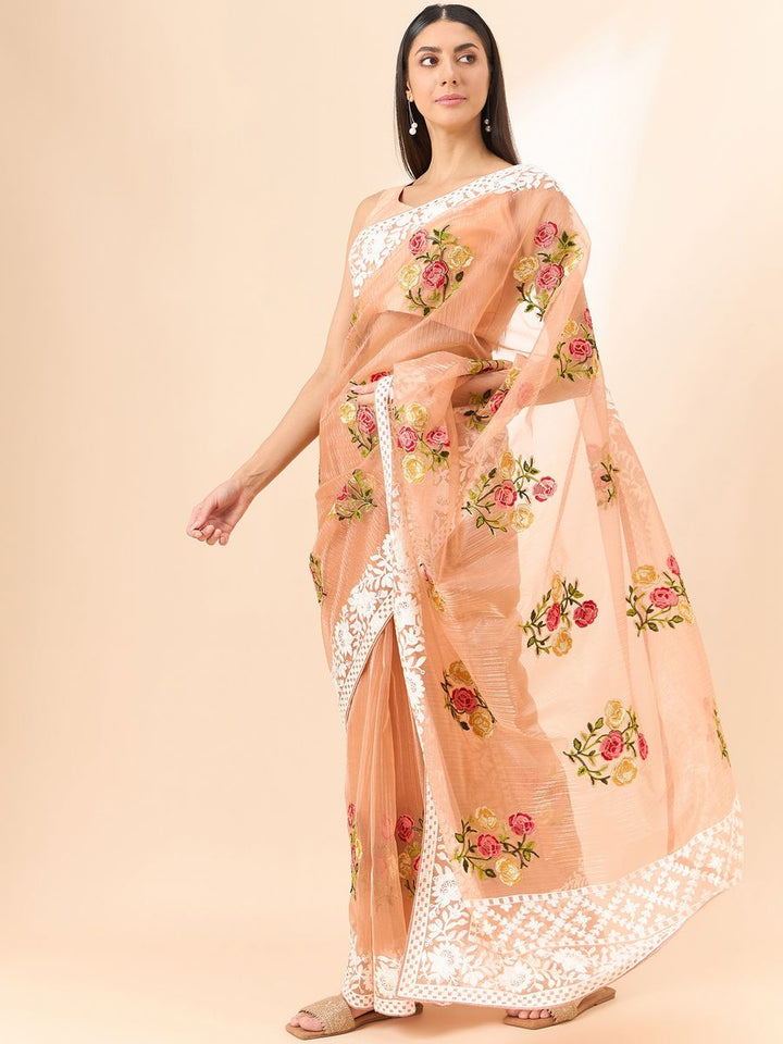 Light Peach Saree Glass Tissue Organza Fabric With Beautifull Thread Work