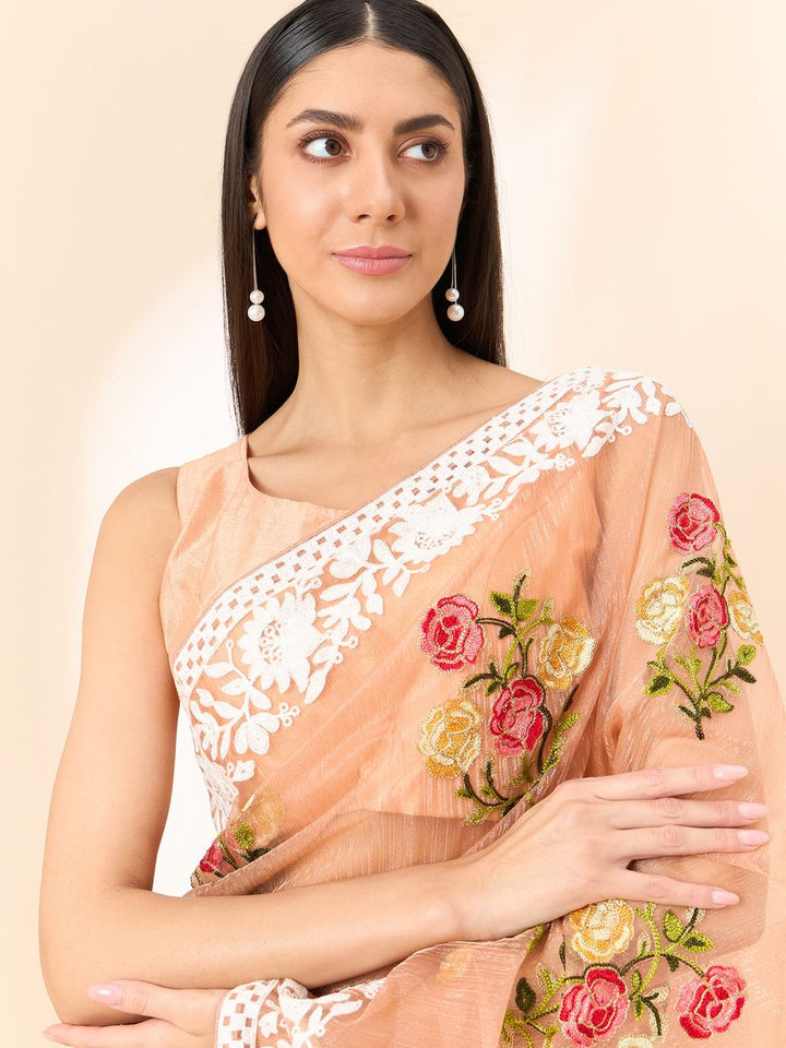 Light Peach Saree Glass Tissue Organza Fabric With Beautifull Thread Work