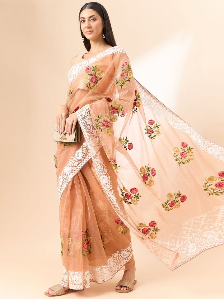 Light Peach Saree Glass Tissue Organza Fabric With Beautifull Thread Work