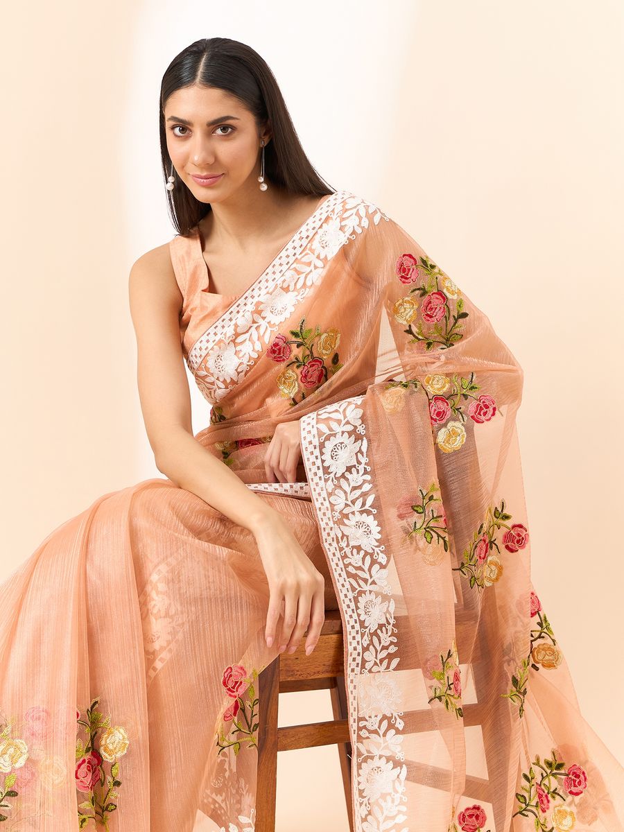 Light Peach Saree Glass Tissue Organza Fabric With Beautifull Thread Work