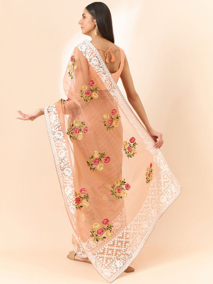 Light Peach Saree Glass Tissue Organza Fabric With Beautifull Thread Work