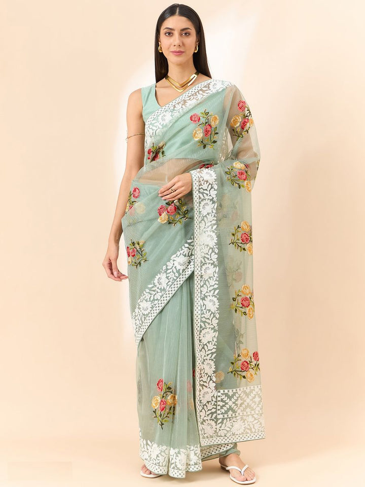 Pista Saree Glass Tissue Organza Fabric With Beautifull Thread Work