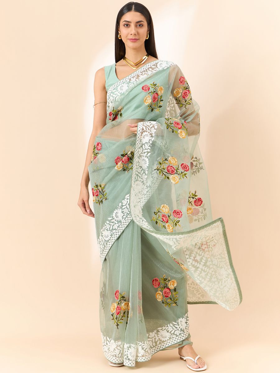 Pista Saree Glass Tissue Organza Fabric With Beautifull Thread Work