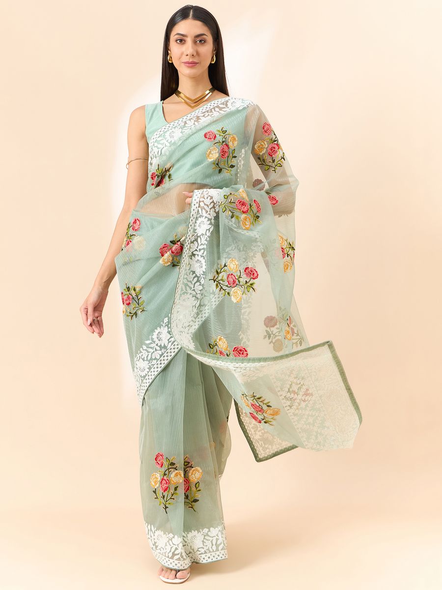 Pista Saree Glass Tissue Organza Fabric With Beautifull Thread Work