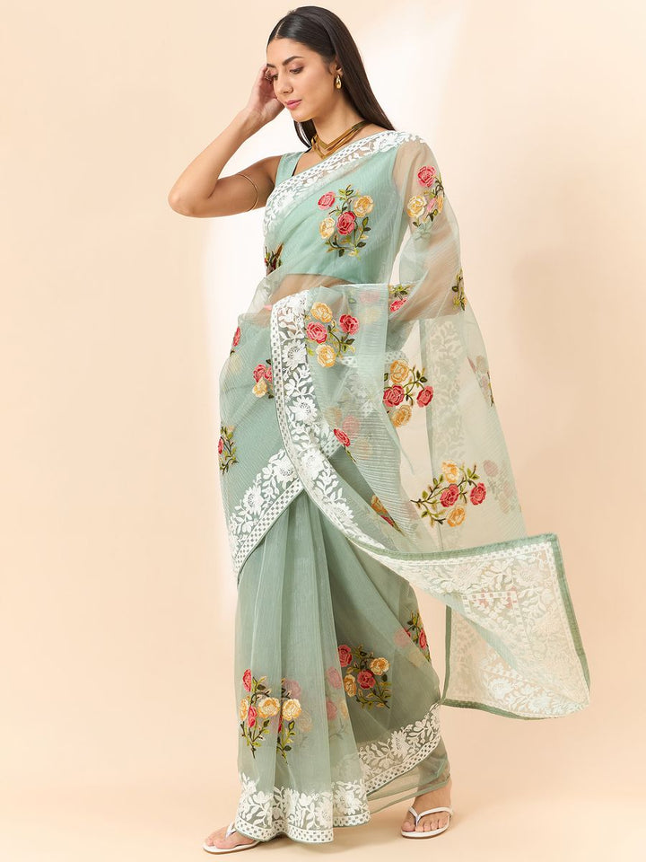 Pista Saree Glass Tissue Organza Fabric With Beautifull Thread Work