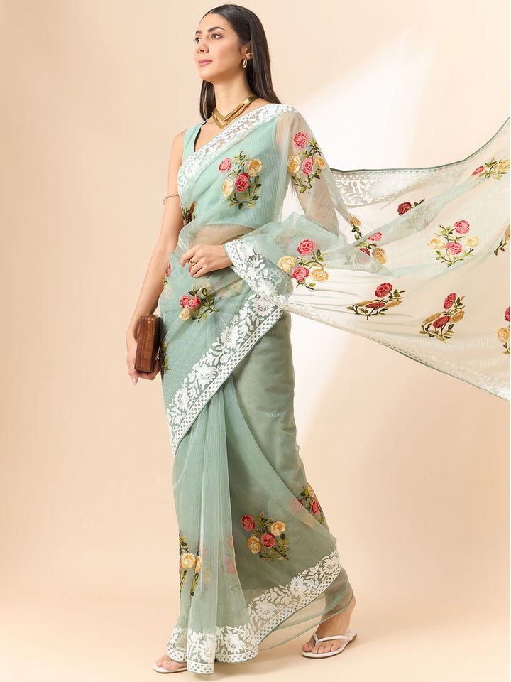 Pista Saree Glass Tissue Organza Fabric With Beautifull Thread Work