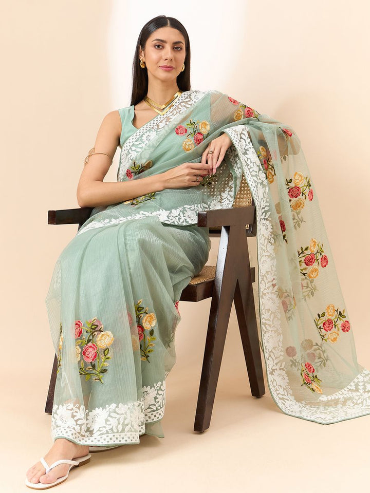 Pista Saree Glass Tissue Organza Fabric With Beautifull Thread Work