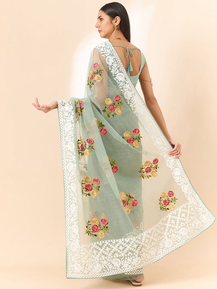 Pista Saree Glass Tissue Organza Fabric With Beautifull Thread Work