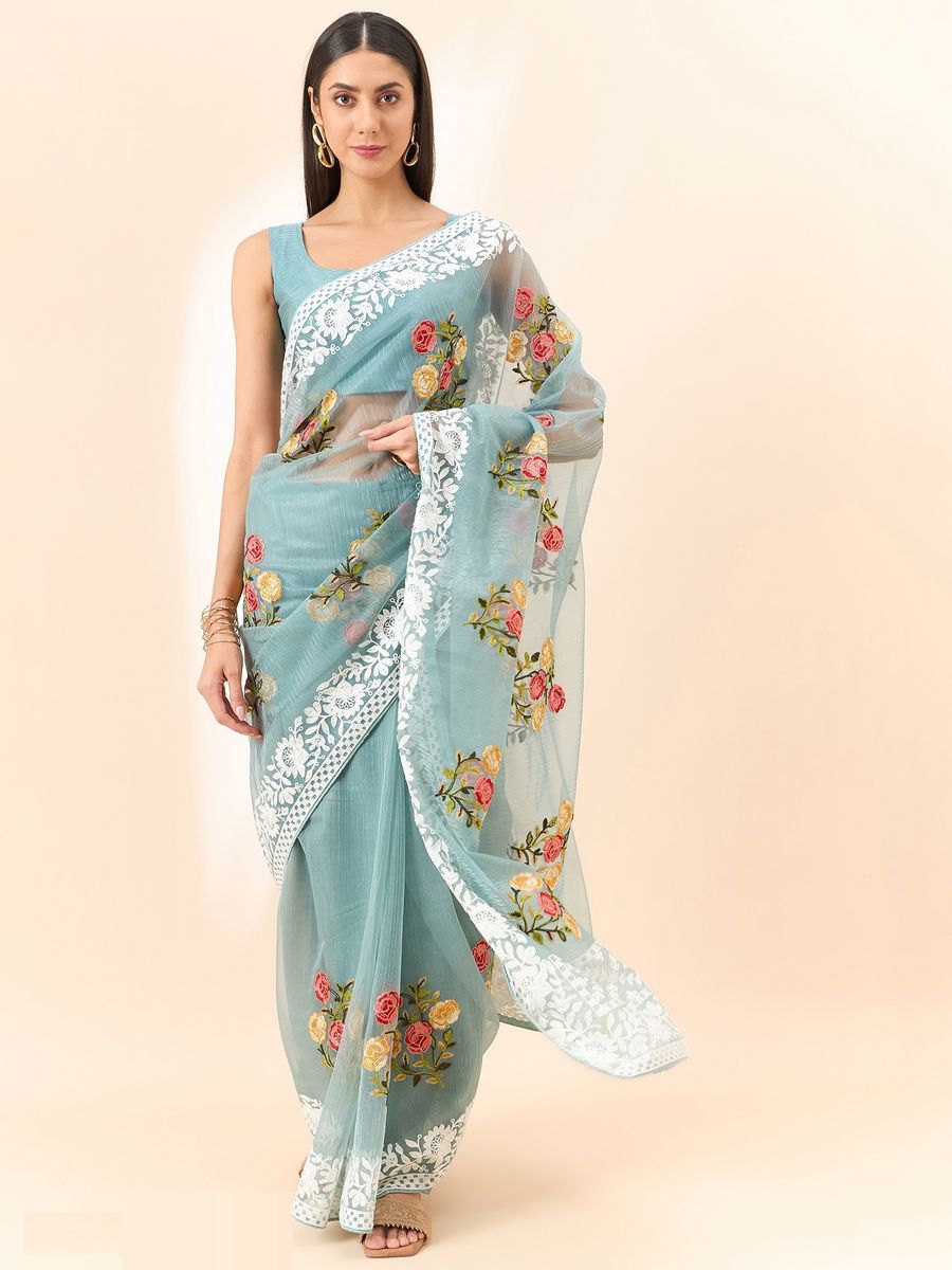 Sky Blue Saree Glass Tissue Organza Fabric With Beautifull Thread Work