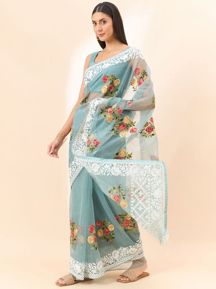 Sky Blue Saree Glass Tissue Organza Fabric With Beautifull Thread Work