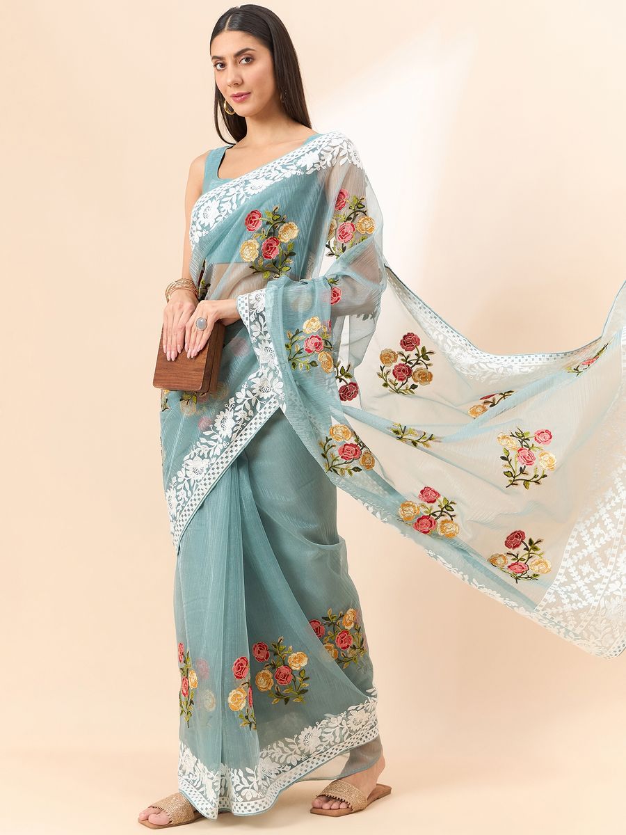 Sky Blue Saree Glass Tissue Organza Fabric With Beautifull Thread Work