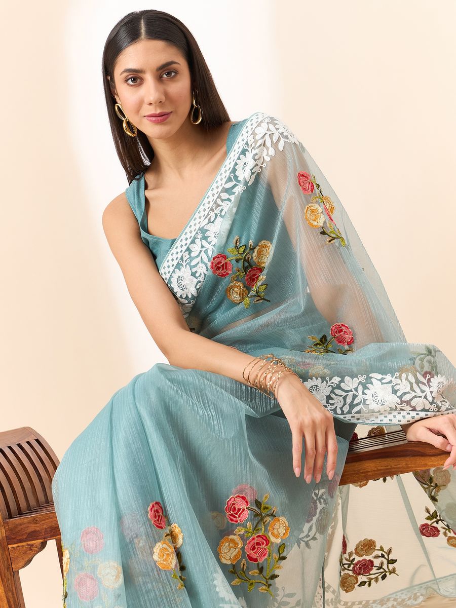 Sky Blue Saree Glass Tissue Organza Fabric With Beautifull Thread Work