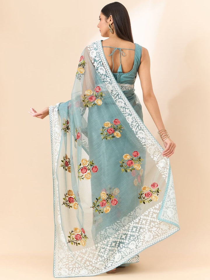 Sky Blue Saree Glass Tissue Organza Fabric With Beautifull Thread Work