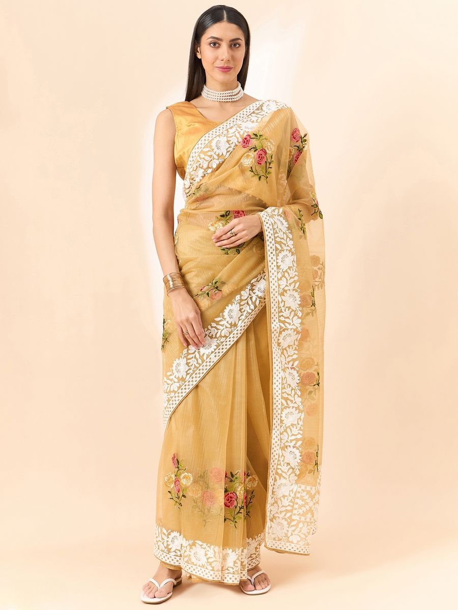 Beige Saree Glass Tissue Organza Fabric With Beautifull Thread Work