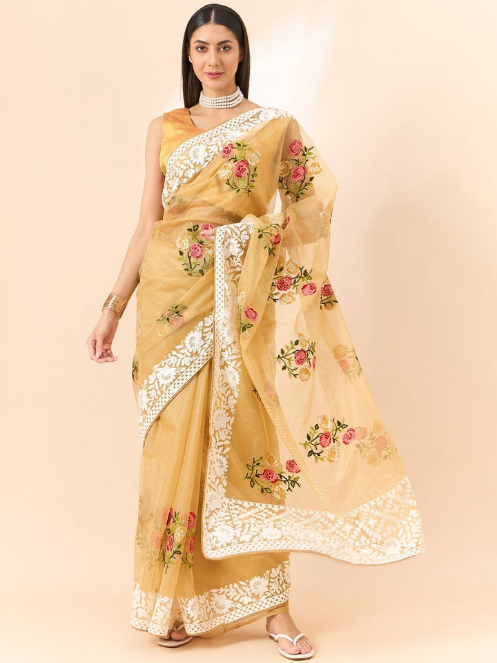 Beige Saree Glass Tissue Organza Fabric With Beautifull Thread Work