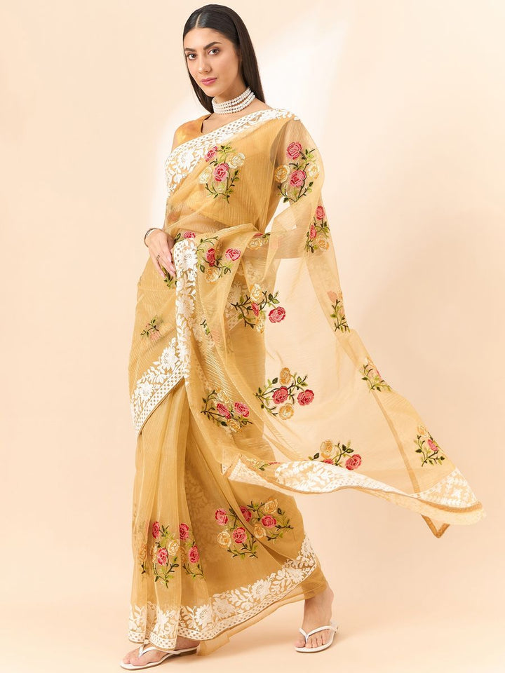 Beige Saree Glass Tissue Organza Fabric With Beautifull Thread Work